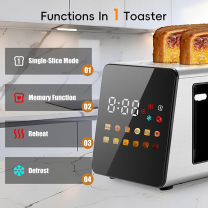 Smart Touchscreen 2 Slice Toaster, Wide Slot, Memory & Single-Slot | Digital Timer, Extra Wide Slot for Bagels, 6 Shade Levels & 6 Bread Settings, Reheat, Defrost, Favorite,Platinum2