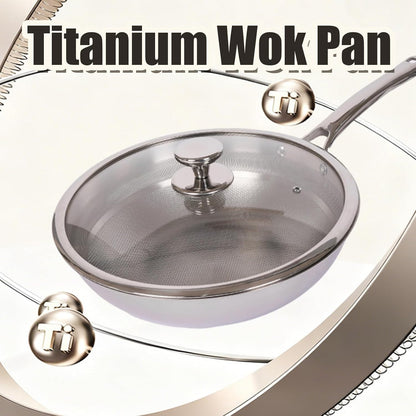 Titanium Hammered Wok with Lid, Pure, No Coating Non-Stick Titanium Pans for Cooking, Flat Bottom Wok, Ultra-Durable, Scratch-Resistant, Compatible with All Cooktops,12.6In2