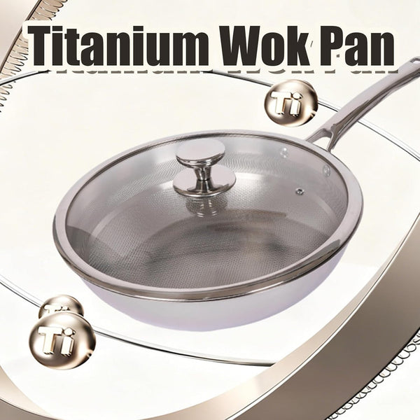 Titanium Hammered Wok with Lid, Pure, No Coating Non-Stick Titanium Pans for Cooking, Flat Bottom Wok, Ultra-Durable, Scratch-Resistant, Compatible with All Cooktops,12.6In2