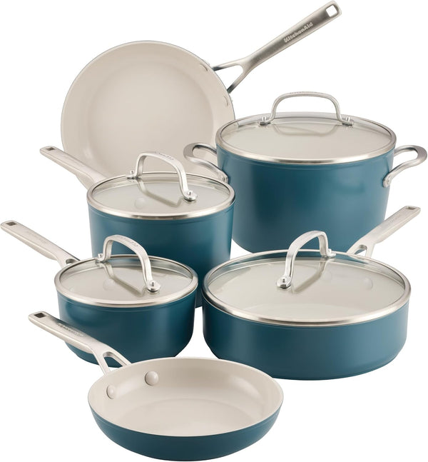 Kitchenaid Hard Anodized Ceramic Induction Pots and Pans, Dishwasher Safe, Includes Saucepans, Stockpot, Sauté Pan, Frying Pans/Skillets, and Lids, 10 Piece Cookware Set - Agave Blue1