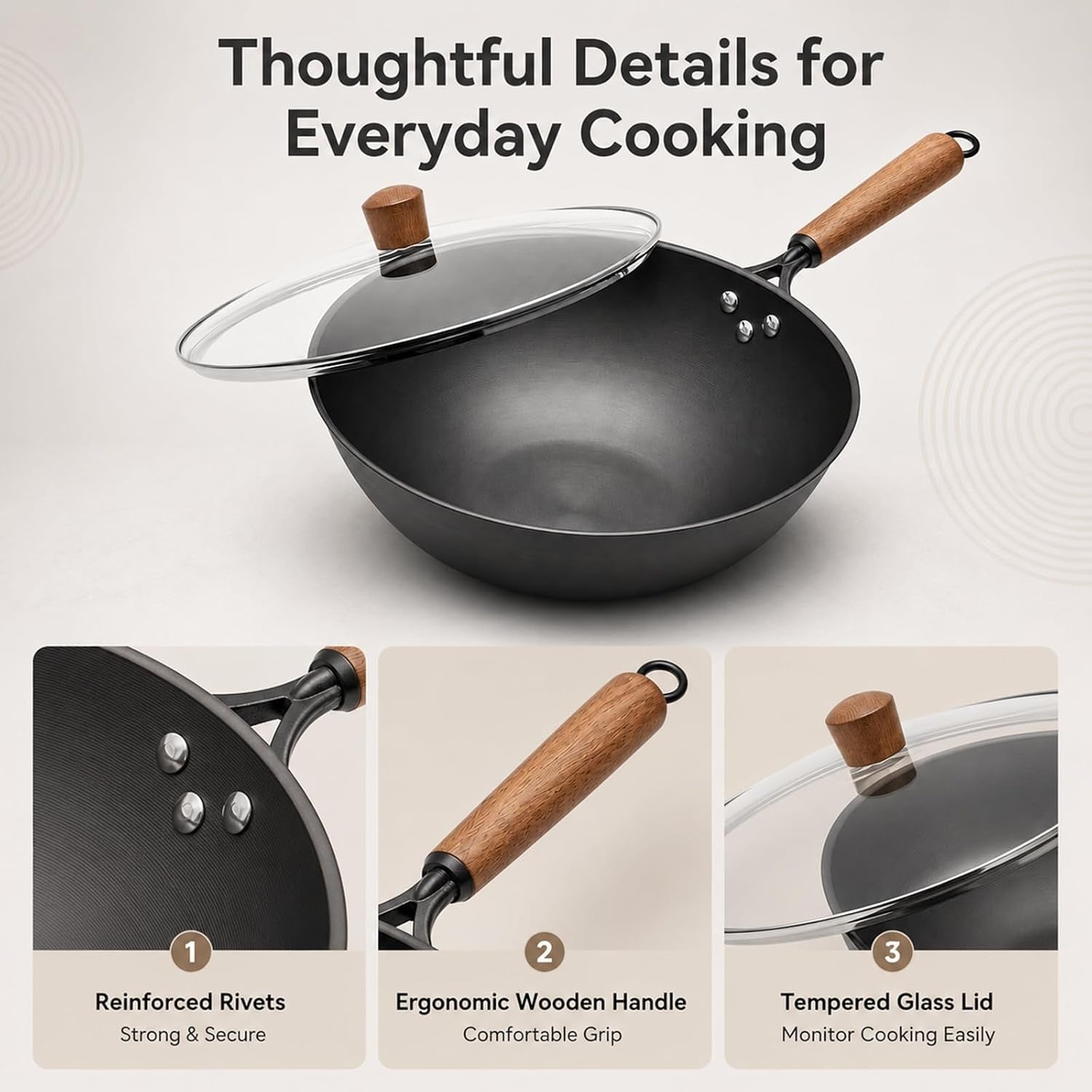 carbon-steel-wok-with-glass-lid-12-6-inch-flat-bottom-stir-fry-pan-rolled-edge-spun-wok-pan-coating-free-wok-for-induction-gas-electric-cooktops-3-4-servings