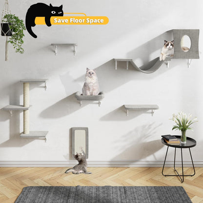 NUNU LAB Wall Mounted Cat Furniture Set - 6 Pcs Climber Set with House, Bridge, Steps, Scratcher Board - DIY Walls Playground, Indoor Cat Shelves - Gray2
