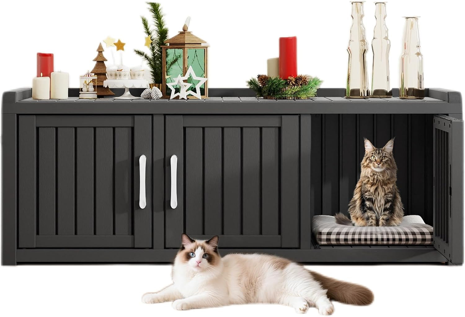 kamaboko-cat-litter-box-enclosure-waterproof-plastic-hidden-litter-box-furniture-with-openable-door-multi-functional-cat-furniture-for-living-room-bedroom-gray