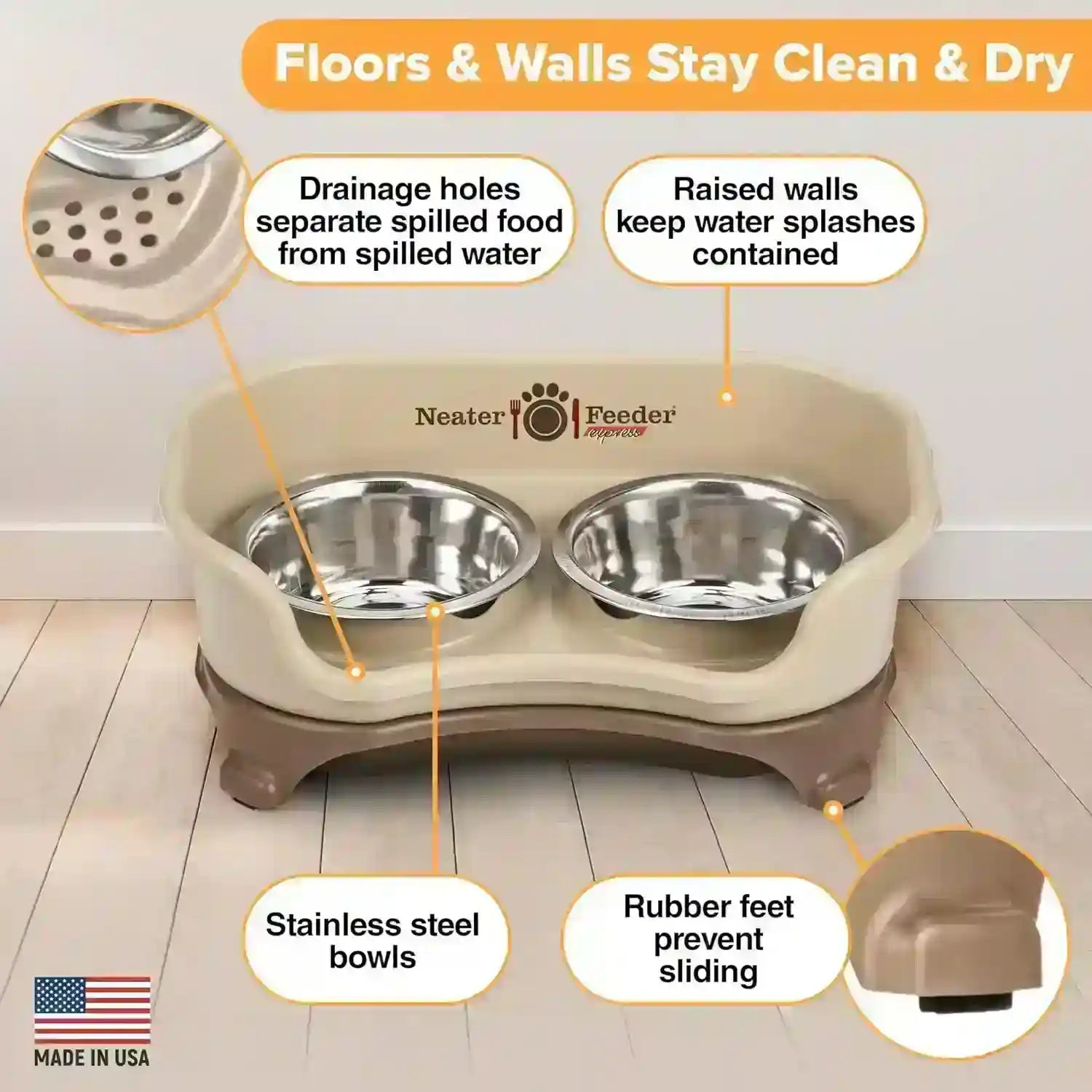 neater-feeder-express-pet-bowl-with-stainless-steel-bowls-drainage-holes-raised-walls-and-rubber-feet-to-prevent-sliding