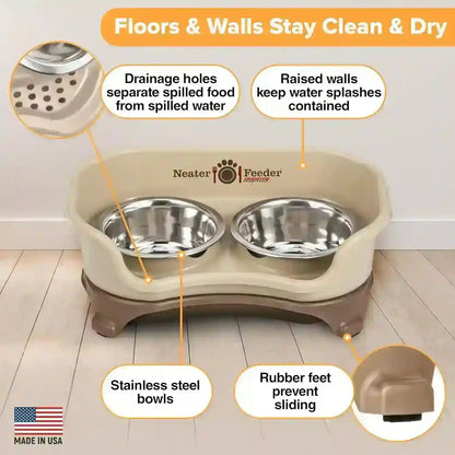 Neater Feeder Express pet bowl with stainless steel bowls, drainage holes, raised walls, and rubber feet to prevent sliding6