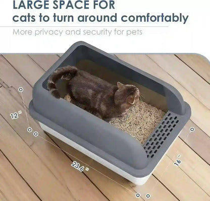 Large covered cat litter box with high walls for privacy, shown with cat inside on wood floor6