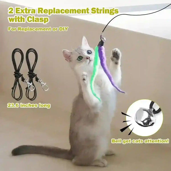 Cat playing with feather wand toy featuring bell and 23.6-inch replacement strings for interactive pet play6