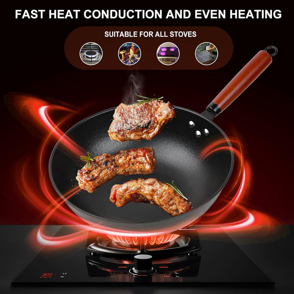 Wok, 13" Carbon Steel Woks & Stir-Fry Pans Nonstick with Glass Lid | Pre-Seasoned Flat Bottom Chinese Wok for Electric, Induction, Gas, All Stoves5
