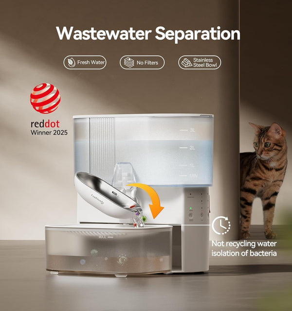 Wireless Cat Water Fountain No Filters, Wastewater Separation, FEELNEEDY Stainless Steel Bowl, 3.5L Pet Water Fountain for Cats & Dogs Dispenser, White2