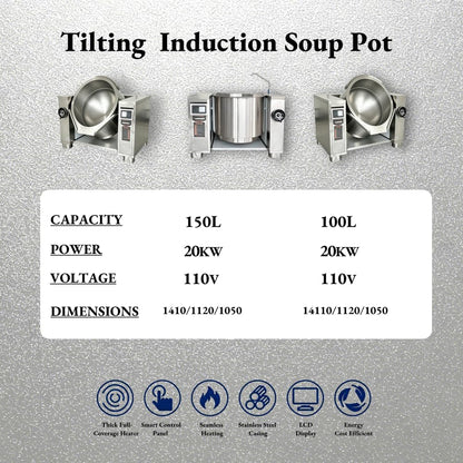 200L Commercial Tilting Induction Skillet, 25KW High Power Stir Fry Wok, 800Mm Diameter 420Mm Depth, Full Stainless Steel & Cast Iron, Heavy Duty for Restaurant Central Kitchen Food Processing6
