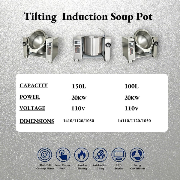 200L Commercial Tilting Induction Skillet, 25KW High Power Stir Fry Wok, 800Mm Diameter 420Mm Depth, Full Stainless Steel & Cast Iron, Heavy Duty for Restaurant Central Kitchen Food Processing6