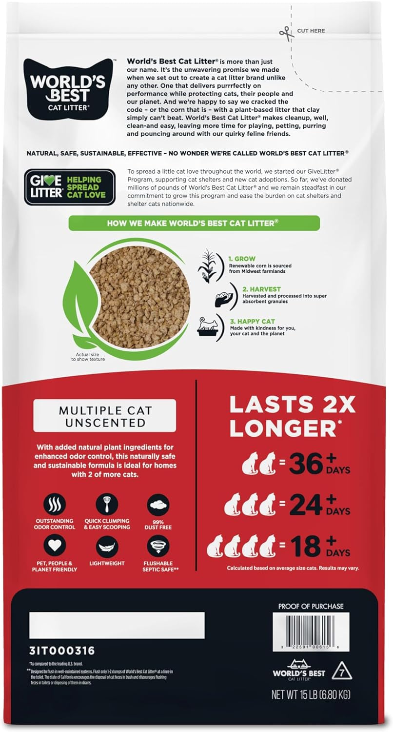 worlds-best-cat-litter-multiple-cat-unscented-odor-control-15-lb-bag-controls-tough-multi-cat-odors-and-lasts-2x-longer-natural-corn-litter-quick-clumping-flushable-99-dust-free
