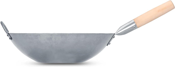 Flat Hand Hammered Carbon Steel Pow Wok with Wooden and Steel Helper Handle (14 Inch, Flat Bottom) / 731W3167