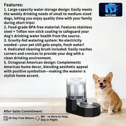 Sfozstra 5L Cat Gravity Water Bowl Dispenser: Stainless Steel Bowl | No Power Needed / No Filter Required / Spill Proof Design / Easy Cleaning / Cats & Small Dogs / Home Crate Area & Travel2