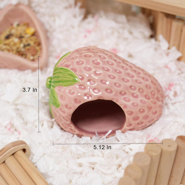 Ceramic Hamster Hideout Strawberry Chew Proof Syrian Hide Cool Bed | Easy to Clean Durable Ceramic Guinea Pig House, Good Hiding Hut Cave for Gerbil, Mice, Rat All Season，Cute Pink Habitat Decor4