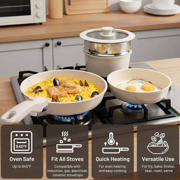 Nonstick Pots and Pans Set - Ceramic Cookware Set with Detachable Handle - 25 Pack Healthy Pans Set for Cooking - Stackable for RV Kitchen, Induction Ready - Dishwasher and Oven Safe6