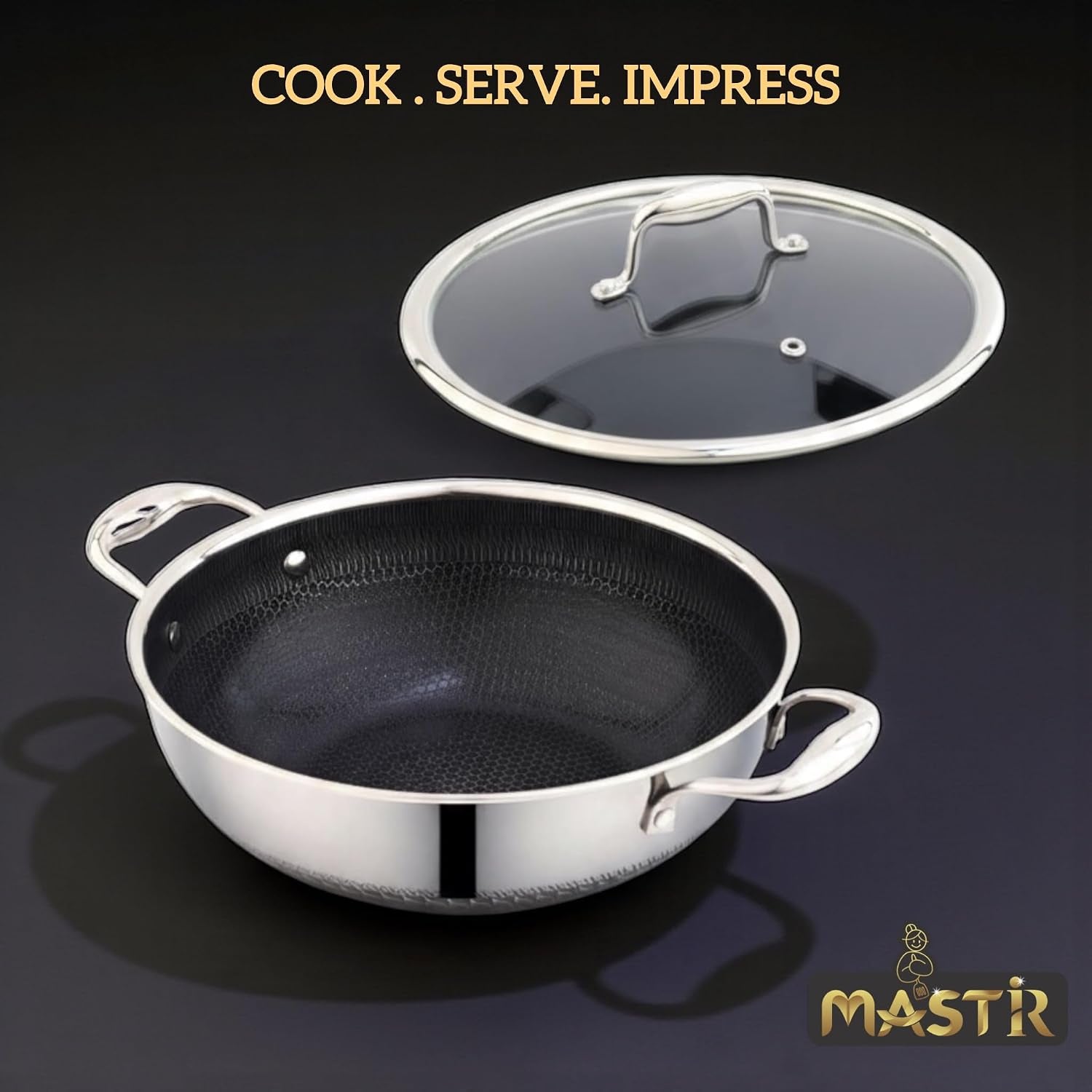 stainless-steel-wok-32-cm-6-5-l-with-glass-lid-kadai-with-two-ear-handles-hybrid-honeycomb-nonstick-pfoa-free-eu-approved-stay-cool-handles-induction-oven-dishwasher-safe-cookware