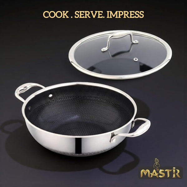 Stainless Steel Wok 32 Cm/6.5 L with Glass Lid – Kadai with Two Ear Handles – Hybrid Honeycomb Nonstick, Pfoa-Free, EU Approved – Stay-Cool Handles – Induction, Oven & Dishwasher Safe Cookware4