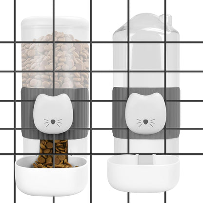 Yummy Sam Hanging Automatic Small Pet Food Water Dispenser, Auto Gravity 0.8L Cat Feeder and 0.87L Water Dispenser, Self-Feeding and Waterer Set Kennel Feeding Station for Puppy Cats (Grey White)1