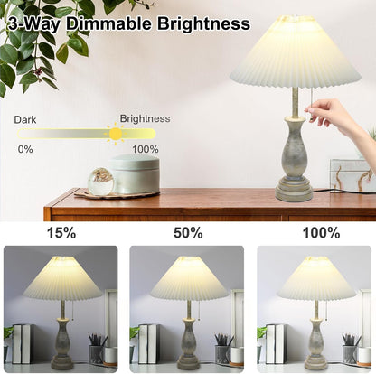 Farmhouse Table Lamp with Pull Chain Switch 3-Way Table Lamp Rustic | Modern Nightstand Lamp Bedside Desk Lamp with Fabric Shade for Living Room Bedroom Hotel (Pack 1-Folding Lampshade)3