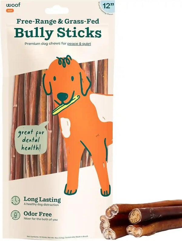 WOOF Bully Sticks Dog Treats - Chew Sticks for Dogs - Long-Lasting Dog Chew Treats - Made with Free-Range, Grass-Fed Beef - 6" Sticks - 10Pk9