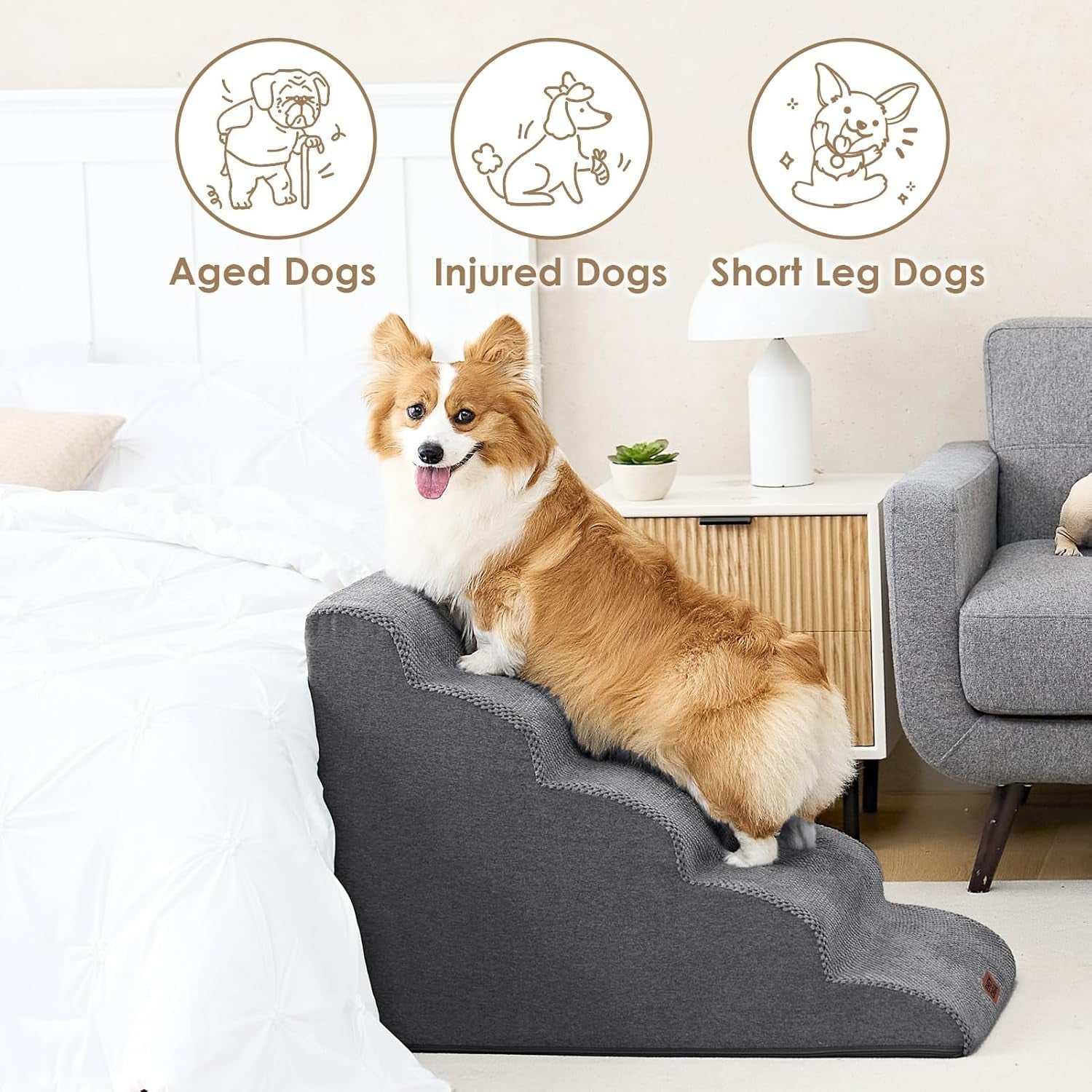 eheyciga-curved-dog-stairs-ramp-for-5-step-high-beds-22-6-h-dog-steps-33d-density-of-pure-foam-for-small-dogs-and-cats-pet-stairs-for-high-bed-climbing-non-slip-balanced-pet-step-indoor-grey