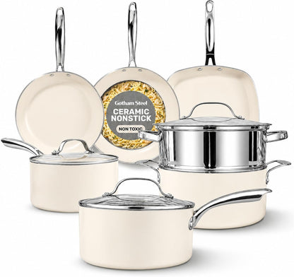 12 Pc Ceramic Cookware Set Nonstick, Ceramic Pots and Pans Set Non Stick with Steamer for Cooking, Non Toxic PFOA PFOS Free, Premium Stay Cool Handles, Oven & Dishwasher Safe1