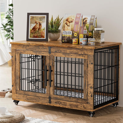 Medium Dog Crate Furniture, 32'' Heavy Duty Kennel W/Cushion & Wheels | Grey, Double Doors, Wooden Dog Cage, Chew-Resistant, End Table, Decorative, 27"/32"/38"/44" Options, Indoor17