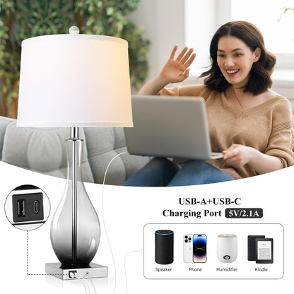 27" Glass Table Lamps with USB Ports, Touch Bedside Desk Lamps Set of 2 | 3-Way Dimmable,E26 Base, Bulbs Included, Gray Gradient Lamp Body, Modern Nightstand Lamps for Livingroom, Bedroom, Office3