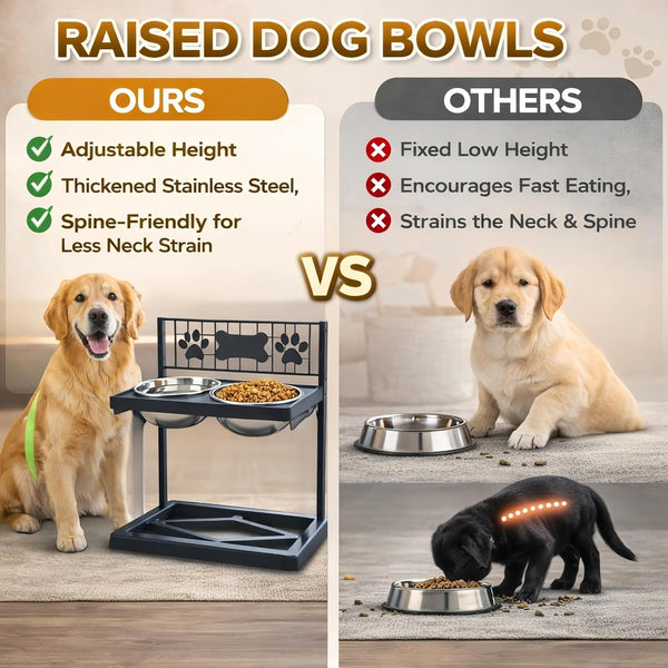 Elevated Dog Bowls Raised Pet Feeder Adjustable Dog Bowl Stand with Stainless Steel Bowls and ABS Frame, Double Dog Feeding Station with Paw Print Bone Decor for Medium Large Dogs5