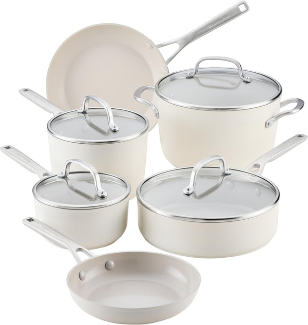 Kitchenaid Hard Anodized Ceramic Induction Pots and Pans, Dishwasher Safe, Includes Saucepans, Stockpot, Sauté Pan, Frying Pans/Skillets, and Lids, 10 Piece Cookware Set - Porcelain White1