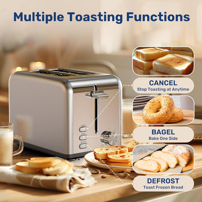 Stainless Steel Toaster 2 Slice with Extra Wide Slot & Removable Crumb Tray, 6 Shade Settings and Bagel/Defrost/Cancel Functions, Compact Oven, for Various Bread & Waffle, Silver New2