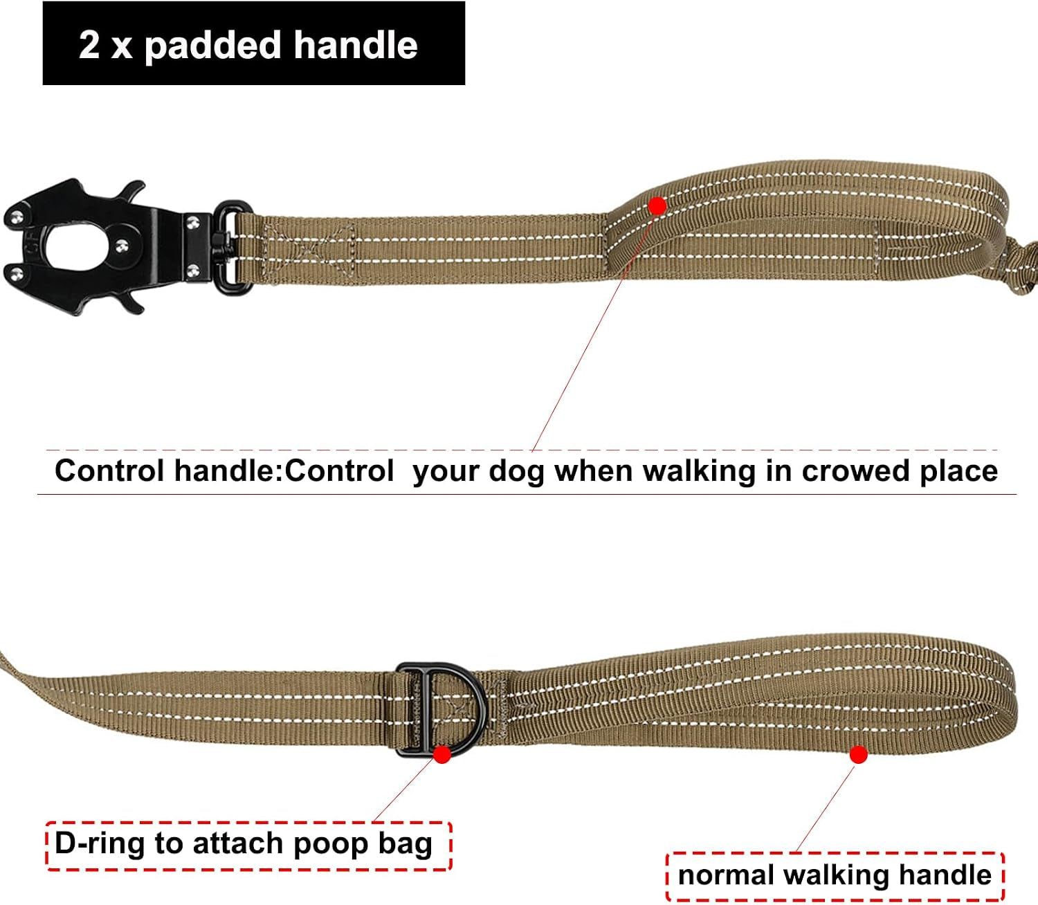 icefang-tactical-dog-leash-with-quick-release-metal-clasp-bungee-dog-lead-with-2-control-handles-hands-free-d-ring-reflective-4ft-length-for-medium-large-dogs-brown