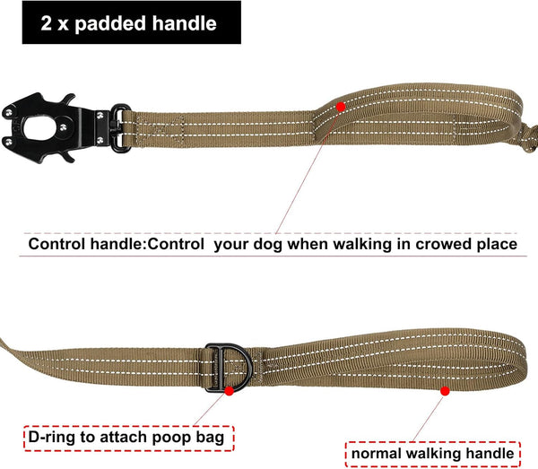 ICEFANG Tactical Dog Leash with Quick-Release Metal Clasp,Bungee-Dog Lead | with 2 Control Handles,Hands Free D-Ring ,Reflective ,4Ft Length for Medium Large Dogs, Brown3