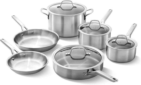 Calphalon Brushed 3-Ply Stainless Steel Cookware Set W/Turbo Heat Tech 10-Piece Set Includes Frying Pans, Pots and Pans Set, Induction, Oven Safe 450F, Brushed Stainless Silver1