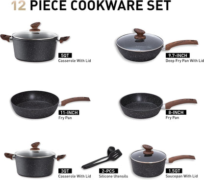 12 Piece Pots and Pans Set, Induction Kitchen Cookware Sets | Black Granite Nonstick Pans Set for Cooking, 100% PFOA & PFAS Free Non-Toxic, Easy to Clean2