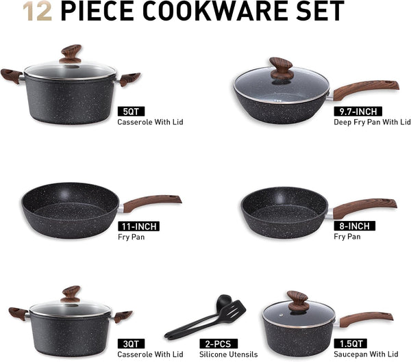 12 Piece Pots and Pans Set, Induction Kitchen Cookware Sets | Black Granite Nonstick Pans Set for Cooking, 100% PFOA & PFAS Free Non-Toxic, Easy to Clean2