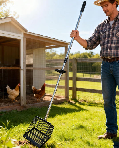 Chicken Poop Scooper & Rake 2-In-1, Adjustable 35"-65" Stainless Steel Handle, Heavy Duty Metal Black Shovel Head for Chicken Coop Cleaning, Pet Waste, Cat Litter Sifting1