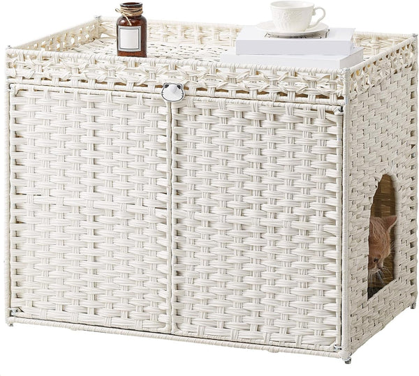 SETVSON Cat Litter Box Enclosure Furniture, Handwoven Rattan Hidden Litter Box with Mat, Large Space Cat House with 2 S-Shaped Hooks 30.3 X 18.3 X 24.4 Inches, Indoor for Living Room Apartment Natural12