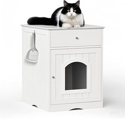Large Wood House for Cats Litter Box Enclosure Furniture Hidde Out Box with Cabinet Drawer Indoor Pet House Side Table Wooden Crate (White)1