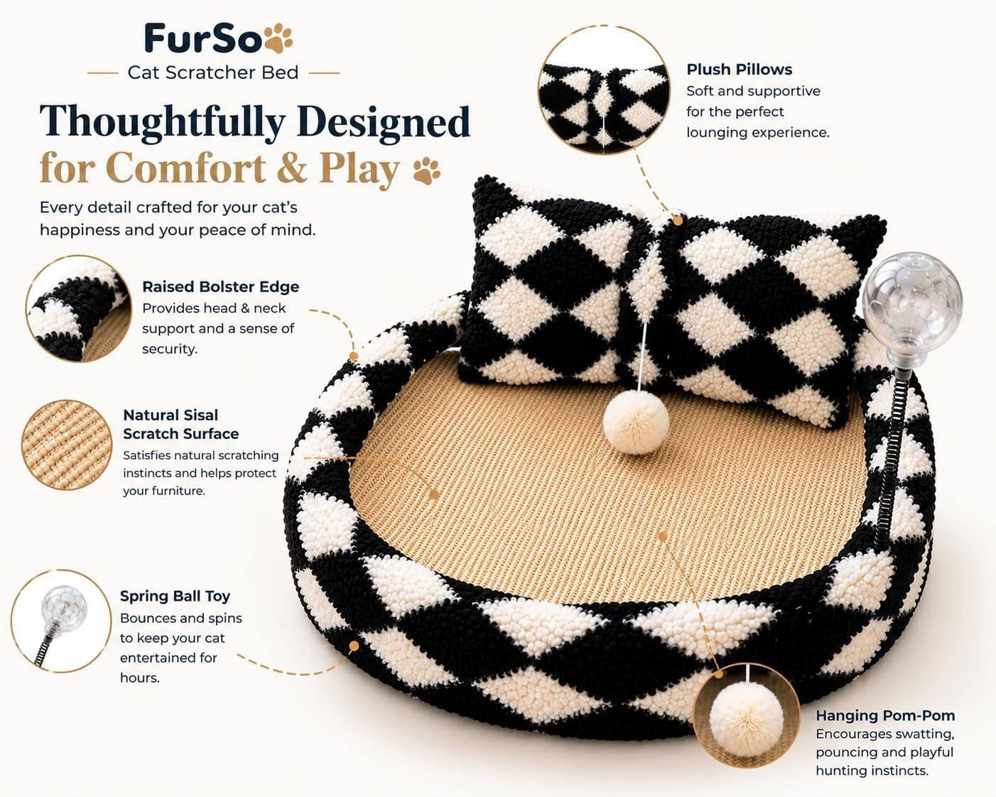 furso-cat-bed-scratcher-lounge-for-indoor-cats-sisal-scratch-pad-with-spring-treat-ball-plush-pillow-play-toy-diamond-design-protects-furniture