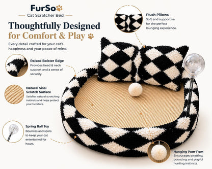 Furso Cat Bed Scratcher Lounge for Indoor Cats – Sisal Scratch Pad with Spring Treat Ball, Plush Pillow & Play Toy | Diamond Design | Protects Furniture8
