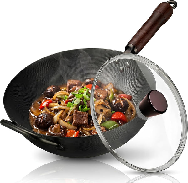 Carbon Steel Wok with Lid Ceramic Nonstick Flat Bottom Wok Pan Induction Compatible Stir Fry Wok Beech Wood Handle Glass Lid Healthy Cooking Wok for Gas Electric Ceramic Halogen Cooktops1