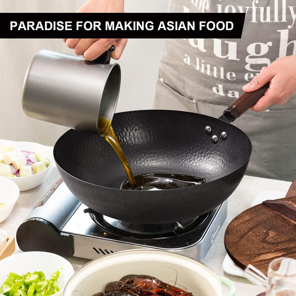 12.8" Carbon Steel Wok,11 Pcs Woks & Stir Fry Pans Wok Pan with Lid | Pre-Seasoned No Chemical Coated Chinese Pan with 10 Cookware Accessories, Flat Bottom Woks for Electric, Induction,Gas Stoves7