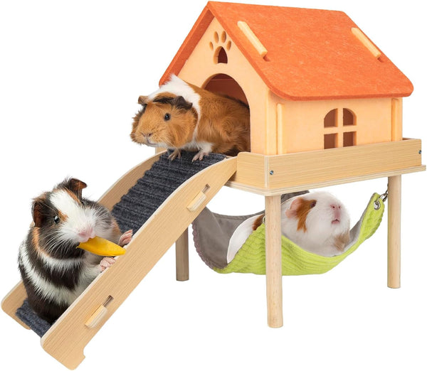 BESNEW 3 in 1 Enlarged Guinea Pig Hammock,Wooden Guinea Pig Hideout with House & Platform & Stairs Small Animal Toys for Hiding Sleeping Activities10