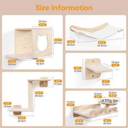 8-In-1 Cat Wall Shelves for Large Cats, Wall Mounted Cat Furniture with Feeding Station&Extra Wide Hammock, Heavy Duty Cat Climber for Indoor Cats to Sleep Play & Eat, 44Lbs Capacity, Wood3