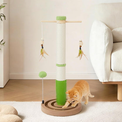 Cat Scratching Post, 26" Tall Scratch Post with Hanging Toy for Indoor Cats | Sisal Cat Scratcher Post with Grooming Brush, Double-Layer Interactive Wooden Ball Track, for Small Cats and Kittens Play8