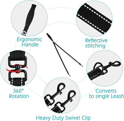 Petbonus Two Point Control Dog Leash, No Tangle Training Walking Leashes | Soft Padded Handle, Reflective, Works with No Pull Harnesses, Converts to Single Lead for Medium Large Dogs, Black3