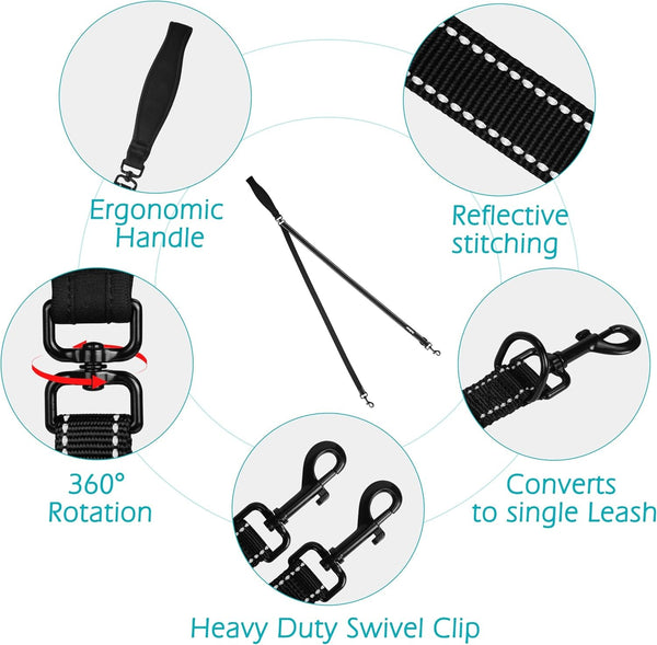 Petbonus Two Point Control Dog Leash, No Tangle Training Walking Leashes | Soft Padded Handle, Reflective, Works with No Pull Harnesses, Converts to Single Lead for Medium Large Dogs, Black3