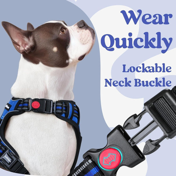 Rabbitgoo Dog Harness Medium Sized, Updated Easy on & off with 3 Buckles | No Pull No Choke, Walking with 2 Clips and Handle, Adjustable Soft Reflective, Blue, Medium3